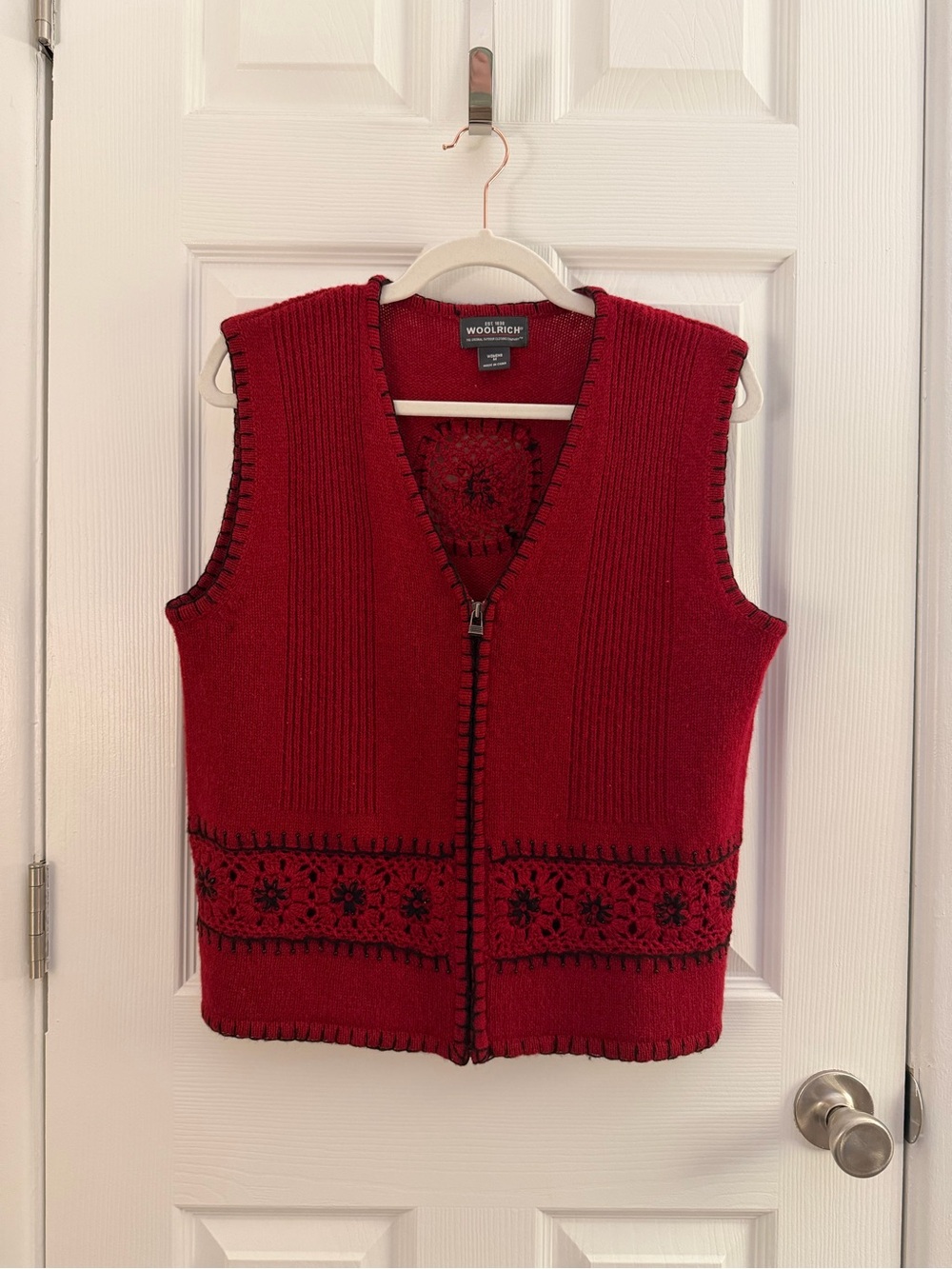 Woolrich Red 100% Wool Crochet Zipper Vest Medium